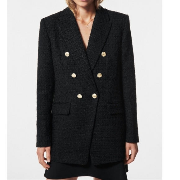 Zara black gold double breasted tweed blazer jacket size small - Picture 1 of 8